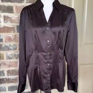 New East 5th Luxurious & Elegant Brown Satin Button Up Top Pleated Waist Sz XL